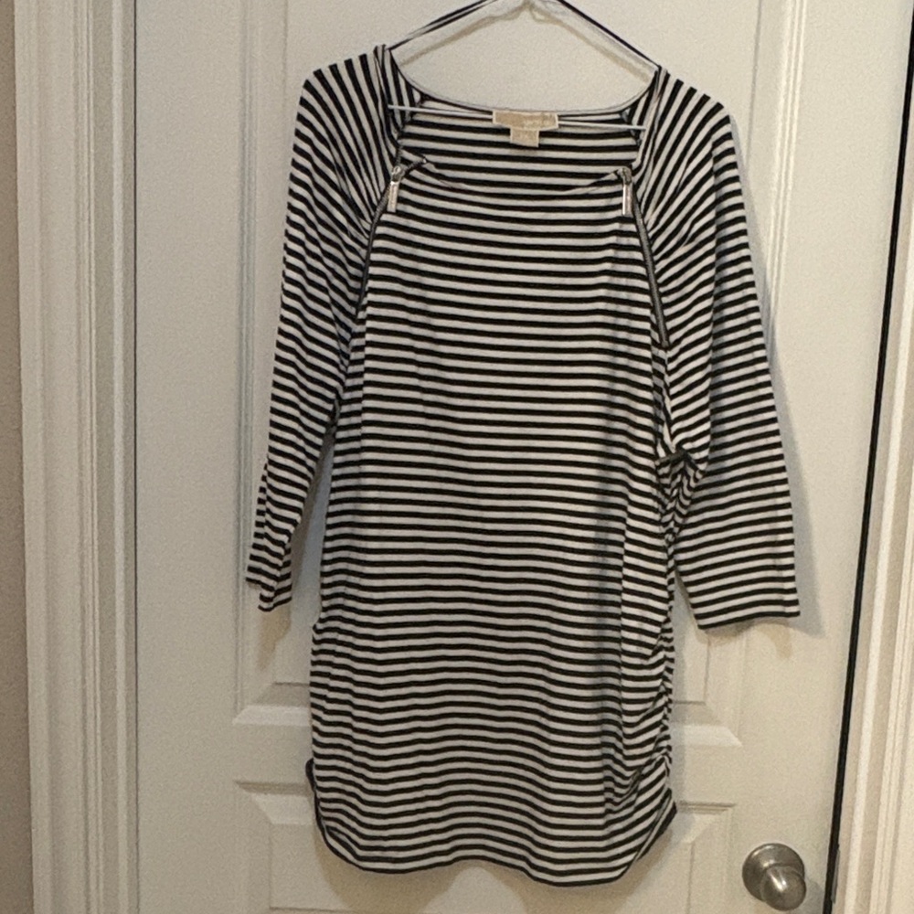 Michael Kors Black and White Striped Long Sleeve Dress